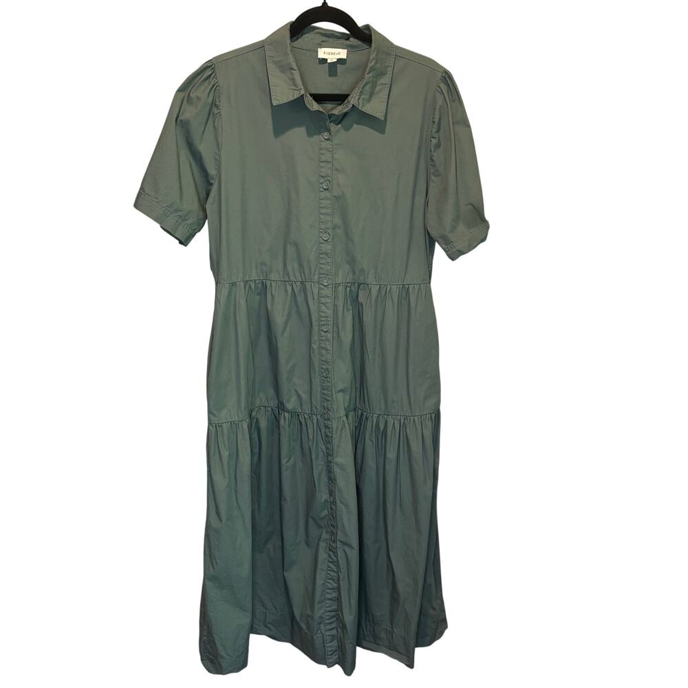 Evereve Evelyn Green Short Sleeve Tiered Ruffle Button Front Shirt Dress - XL